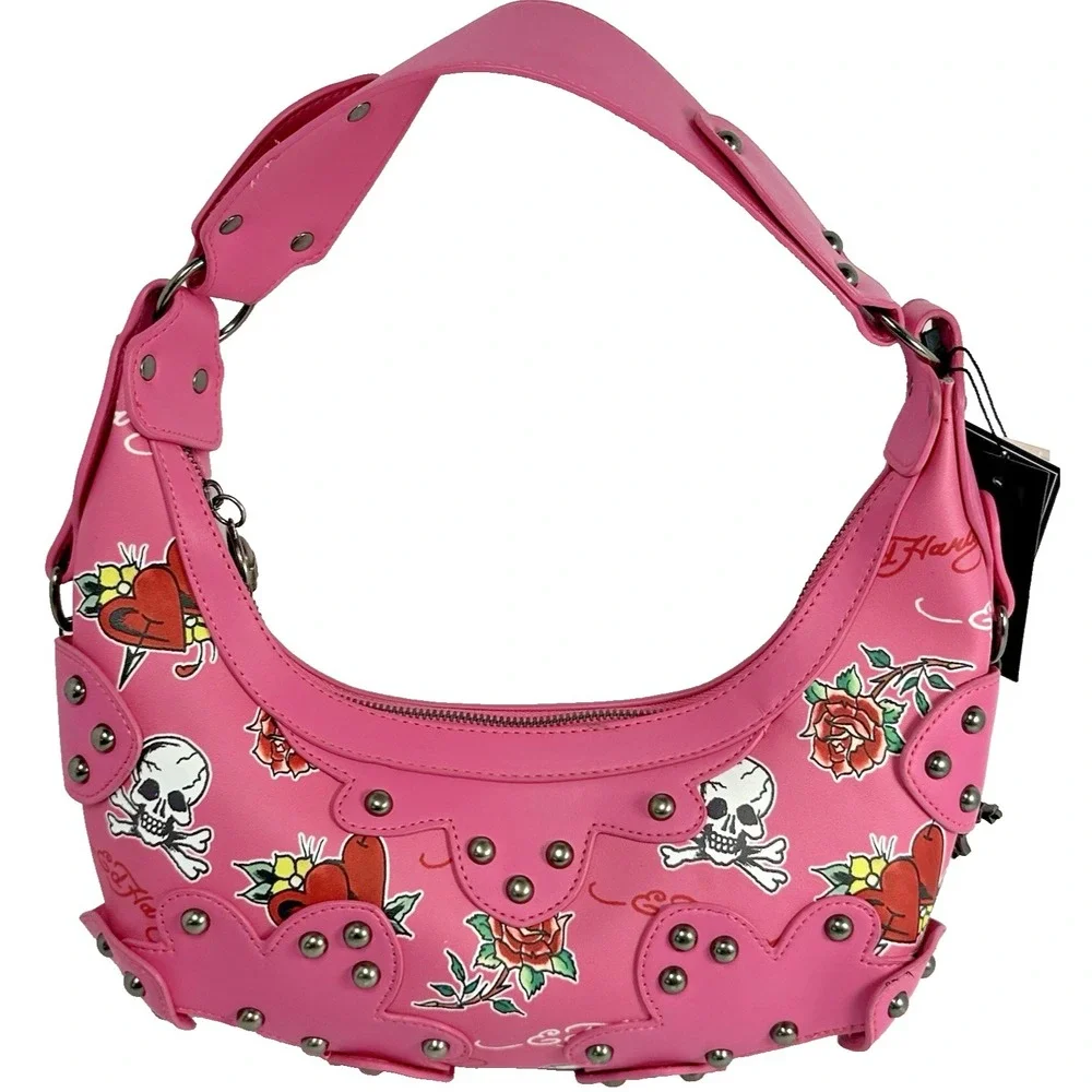 Ed Hardy Pink Tattoo Print Studded Hobo Shoulder Bag Skull Y2K Punk